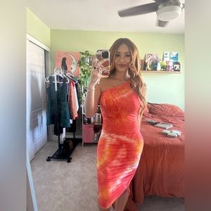 medium, mid length dress, one shoulder strap, never worn